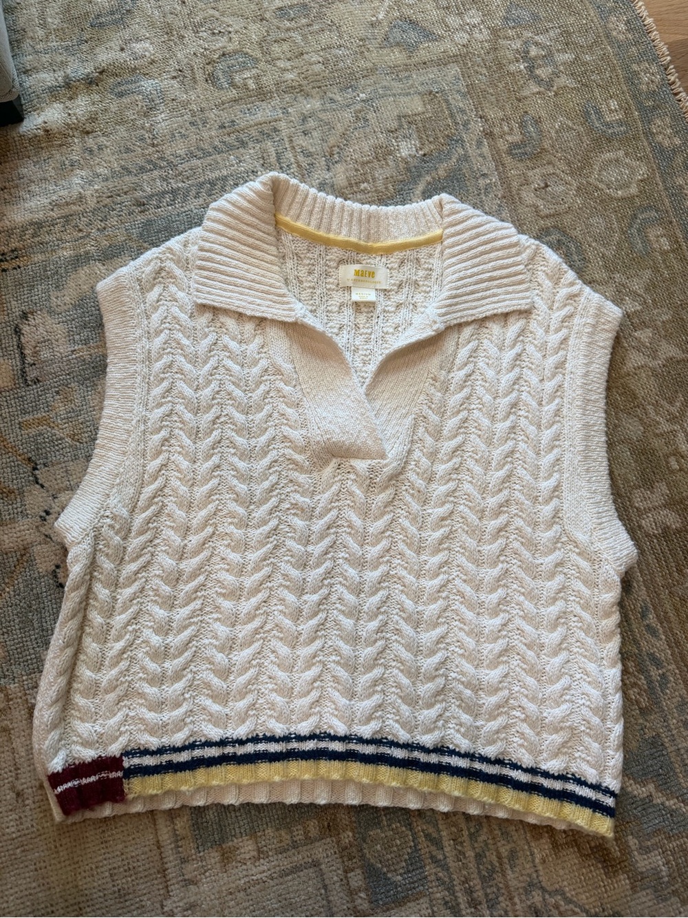 Maeve Sleeveless Cable Knit Polo Sweater Vest - Cream with Stripe Trim